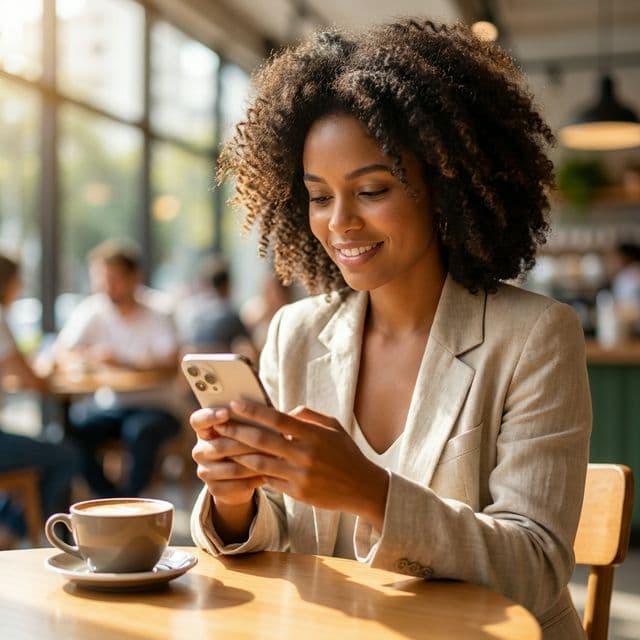 Dona de um negócio respondendo rapidamente uma cliente pois não precisa sair teclando longos textos, apenas manda as lojistas virtuais da pwa.