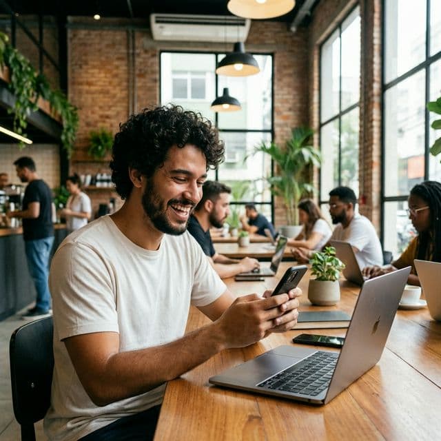 Empreendedora otimizando tempo com links MEISU