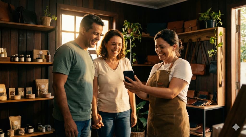 Dona de loja atendendo casal de clientes