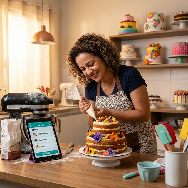 Confeiteira com seus bolos e doces expostos em catálogo online com preço visível para a cliente.
