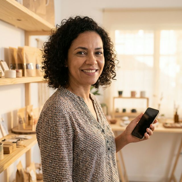 Empreendedora vendendo por múltiplos canais: loja online, WhatsApp e presencial.