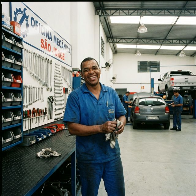 Mecânico feliz apresentando a tabela digital de preços fixa no tablet e não mais de cabeça para o cliente