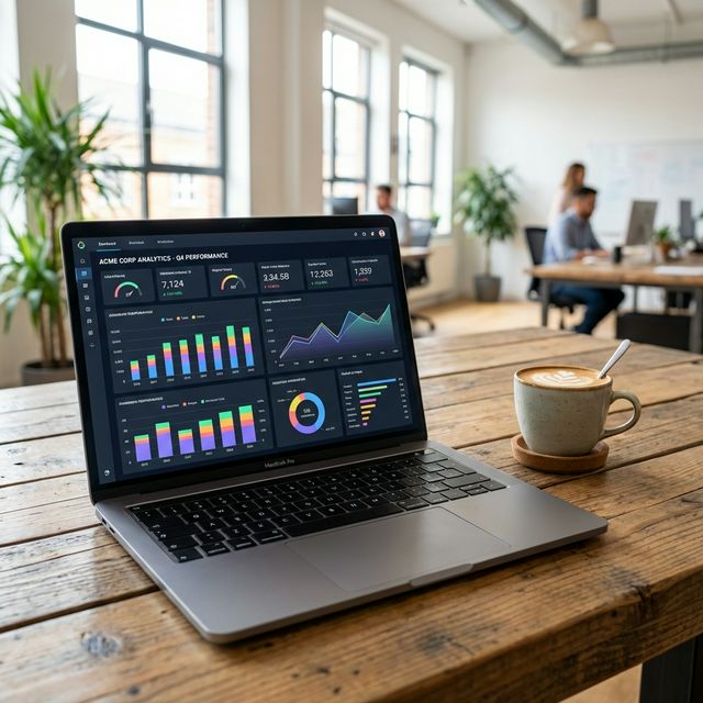 Dono de comércio analisando o Dashboard com evolução de vendas e barras de lucro no final do expediente.