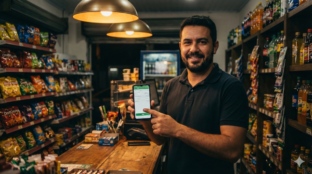 Dono preocupado analisando notas físicas ao lado do terminal PDV verificando falhas mensais.